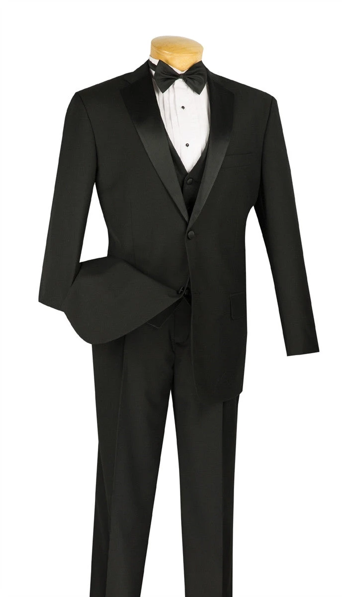 Santorini Collection - Regular Fit Black Tuxedo 4 Piece With Vest Bow Tie 1 Santorini Collection - Regular Fit Black Tuxedo 4 Piece With Vest Bow Tie