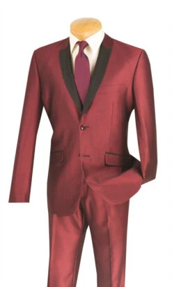 Slim Fit Shiny Sharkskin Men's 2 Piece Suit In Maroon