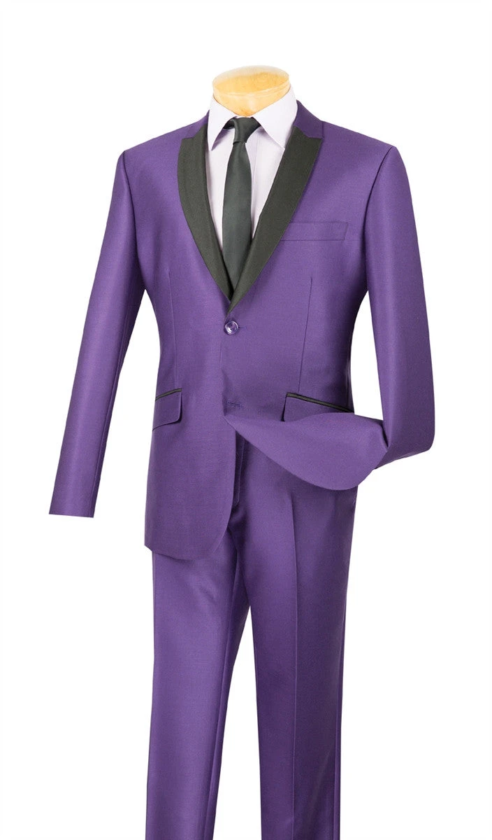 Slim Fit Shiny Sharkskin Men's 2 Piece Suit In Purple 1 Slim Fit Shiny Sharkskin Men's 2 Piece Suit In Purple