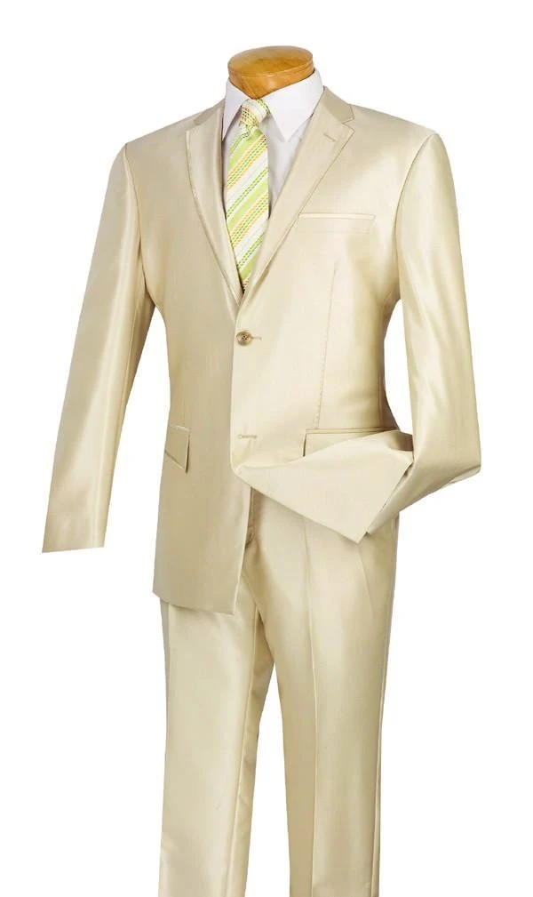Slim Fit Men's Suit 2 Piece 2 Buttons Shiny Sharkskin In Champagne Beige 1 Slim Fit Men's Suit 2 Piece 2 Buttons Shiny Sharkskin In Champagne Beige