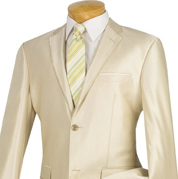 Slim Fit Men's Suit 2 Piece 2 Buttons Shiny Sharkskin In Champagne Beige 2 Slim Fit Men's Suit 2 Piece 2 Buttons Shiny Sharkskin In Champagne Beige - Image 2