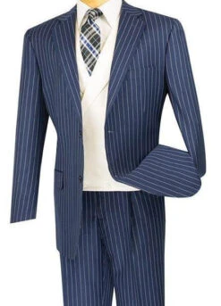 Helios Collection - Regular Fit 3 Piece Suit 2 Button Banker Stripe In Blue