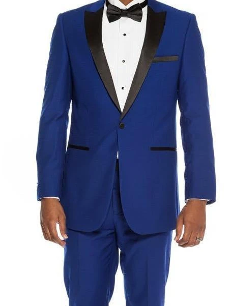 Slim Fit Blue 2 Piece Tuxedo With Satin Peak Lapel 1 Slim Fit Blue 2 Piece Tuxedo With Satin Peak Lapel