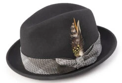 Wool Pinch Front Black Fedora With Feather Accent