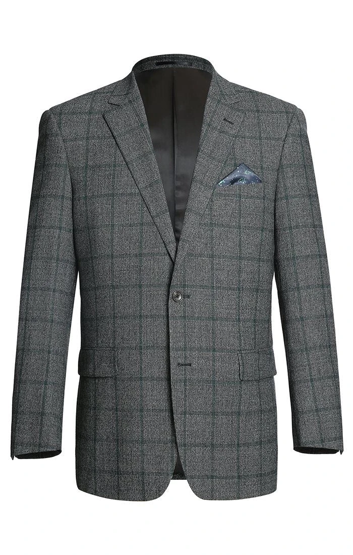 (42R, 44L) Wool Blend Plaid Pattern Regular Fit 2 Button Blazer In Grayish Brown 1 (42R, 44L) Wool Blend Plaid Pattern Regular Fit 2 Button Blazer In Grayish Brown