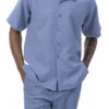 Powder Blue Diamond Tone On Tone 2 Piece Walking Suit Summer Short Sleeves