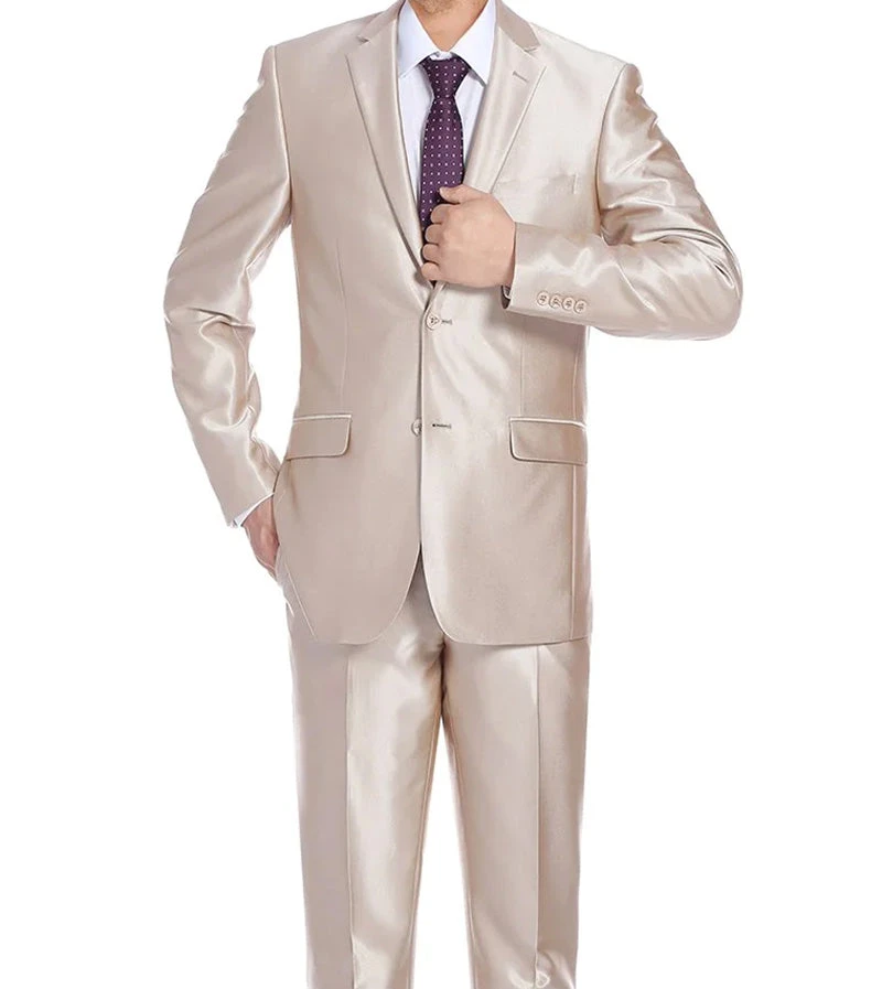 Beige Slim Fit Sharkskin Italian Styled 2 Piece Suit 2 Beige Slim Fit Sharkskin Italian Styled 2 Piece Suit - Image 2