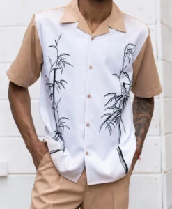 (XL) Tan Tropical Print 2 Piece Short Sleeve Walking Suit Set