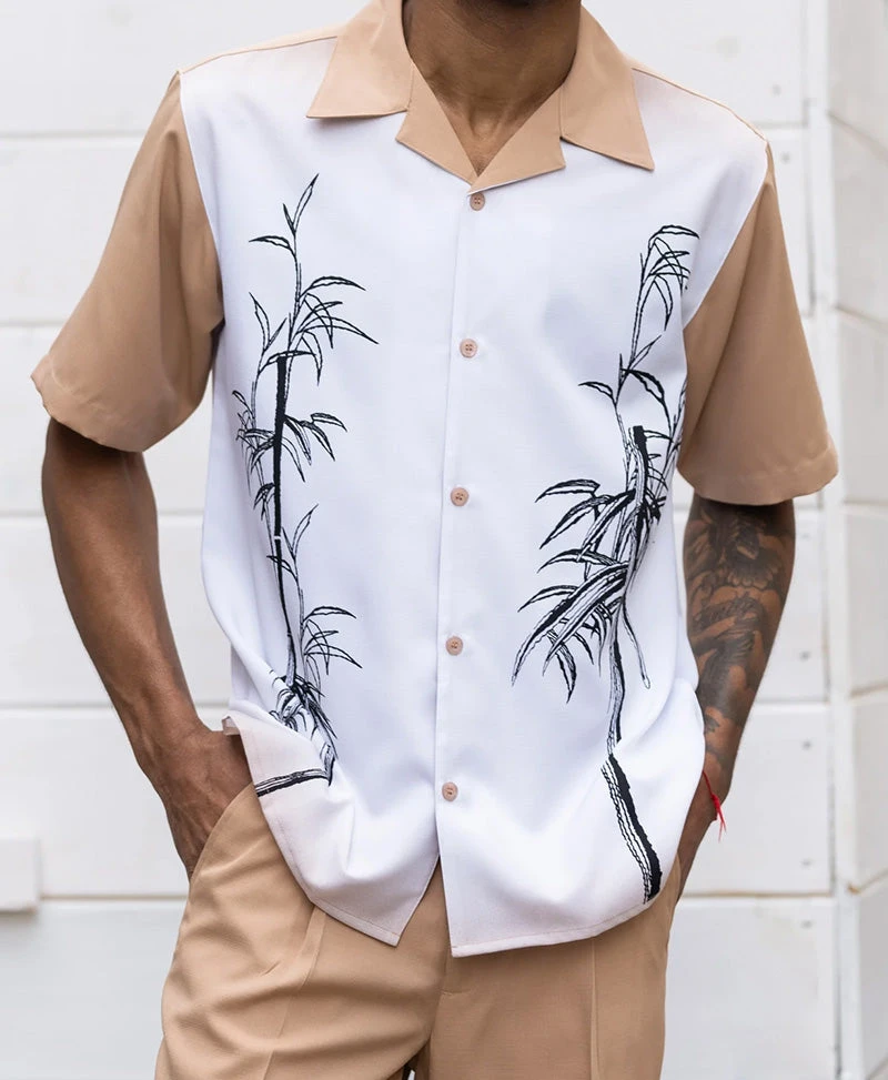 (XL) Tan Tropical Print 2 Piece Short Sleeve Walking Suit Set 1 (XL) Tan Tropical Print 2 Piece Short Sleeve Walking Suit Set