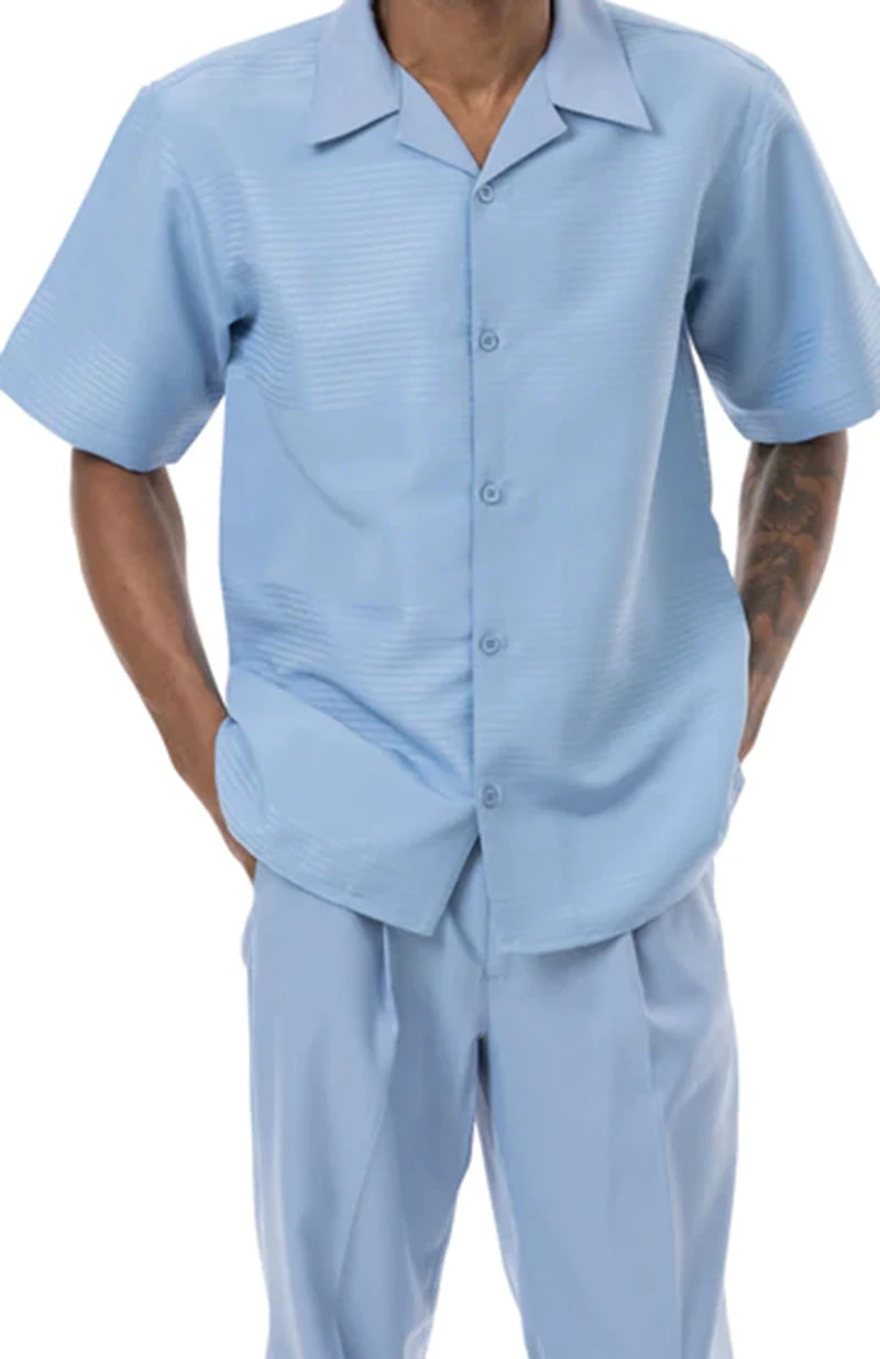 (3XL) Carolina Blue Tone On Tone 2 Piece Short Sleeve Walking Suit Set 1 (3XL) Carolina Blue Tone On Tone 2 Piece Short Sleeve Walking Suit Set
