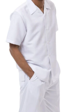 White Tone On Tone 2 Piece Short Sleeve Walking Suit Set