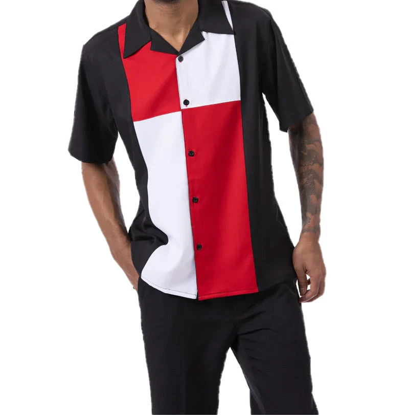 Red Color Block Walking Suit 2 Piece Short Sleeve Set 2 Red Color Block Walking Suit 2 Piece Short Sleeve Set - Image 2