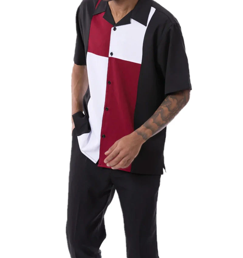 Burgundy Color Block Walking Suit 2 Piece Short Sleeve Set 2 Burgundy Color Block Walking Suit 2 Piece Short Sleeve Set - Image 2