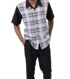 Black Plaid Walking Suit 2 Piece Short Sleeve Set -Outlet Suit Refined Store 2302Black