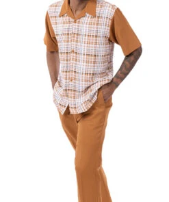 Cognac Plaid Walking Suit 2 Piece Short Sleeve Set -Outlet Suit Refined Store 2302Cognac 3