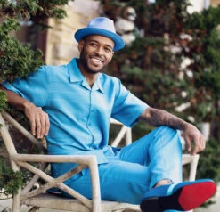 Aqua Tone On Tone Horizontal Stripes Walking Suit 2 Piece Short Sleeve Set