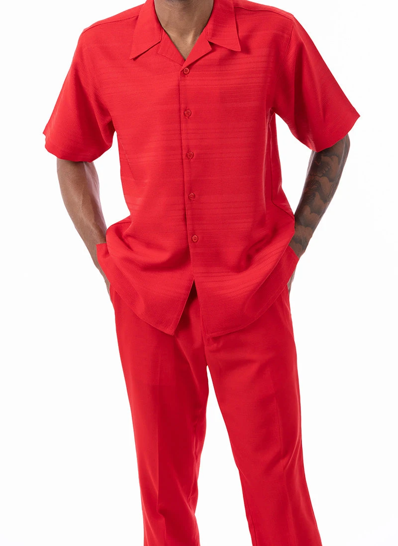 Red Tone On Tone Horizontal Stripes Walking Suit 2 Piece Short Sleeve Set 2 Red Tone On Tone Horizontal Stripes Walking Suit 2 Piece Short Sleeve Set - Image 2