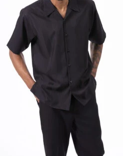 Black Tone On Tone Vertical Stripes Walking Suit 2 Piece Short Sleeve Set -Outlet Suit Refined Store 2306 BLACK