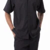 Black Tone On Tone Vertical Stripes Walking Suit 2 Piece Short Sleeve Set