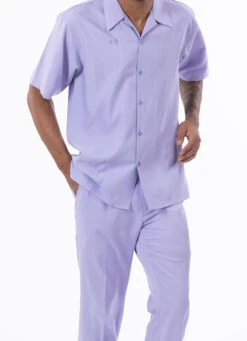 Lavender Tone On Tone Vertical Stripes Walking Suit 2 Piece Short Sleeve Set