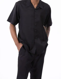 Black Walking Suit Tone On Tone Vertical Stripes 2 Piece Short Sleeve Set