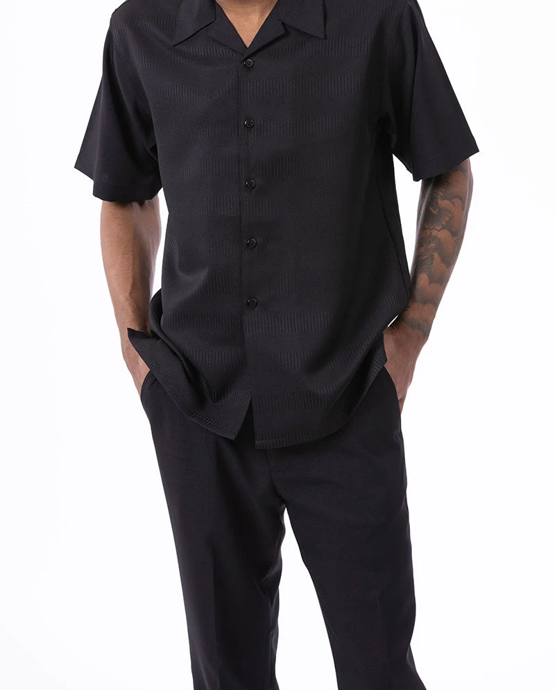 Black Walking Suit Tone On Tone Vertical Stripes 2 Piece Short Sleeve Set 2 Black Walking Suit Tone On Tone Vertical Stripes 2 Piece Short Sleeve Set - Image 2