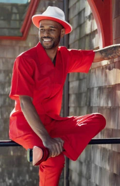 Red Walking Suit Tone On Tone Vertical Stripes 2 Piece Short Sleeve Set