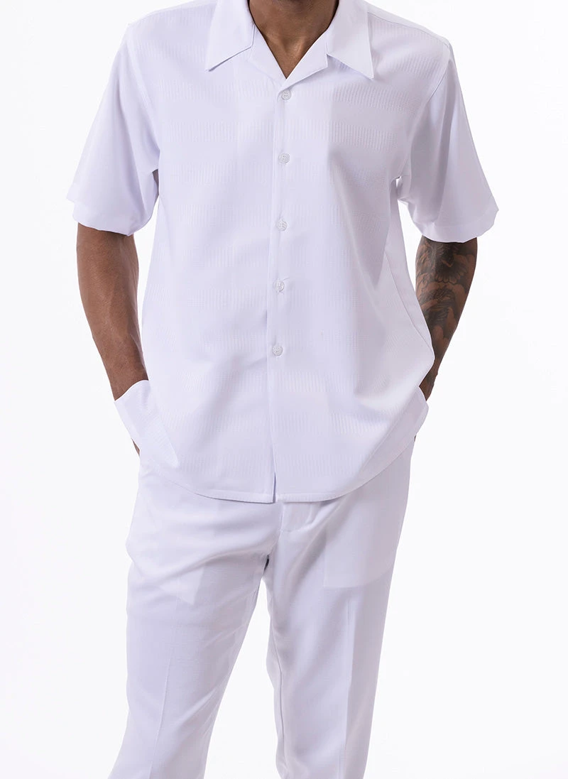 White Walking Suit Tone On Tone Vertical Stripes 2 Piece Short Sleeve Set 2 White Walking Suit Tone On Tone Vertical Stripes 2 Piece Short Sleeve Set - Image 2
