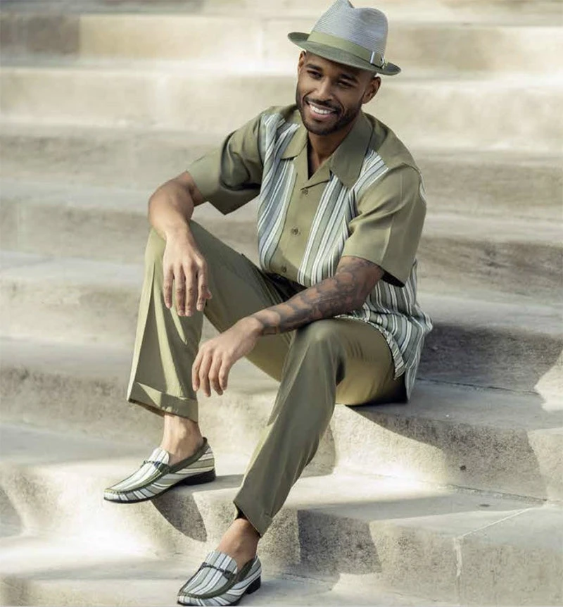 Olive Tone On Tone Stripes Walking Suit 2 Piece Short Sleeve Set 1 Olive Tone On Tone Stripes Walking Suit 2 Piece Short Sleeve Set