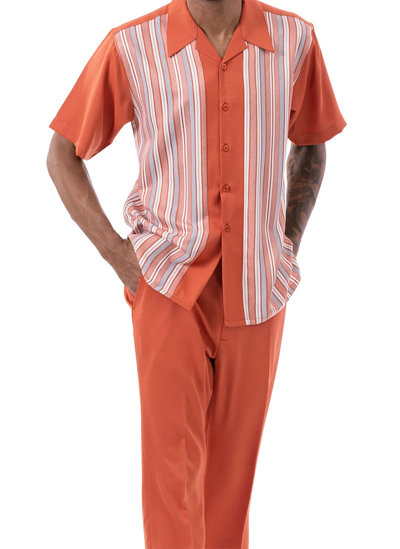 Papaya Tone On Tone Stripes Walking Suit 2 Piece Short Sleeve Set 2 Papaya Tone On Tone Stripes Walking Suit 2 Piece Short Sleeve Set - Image 2
