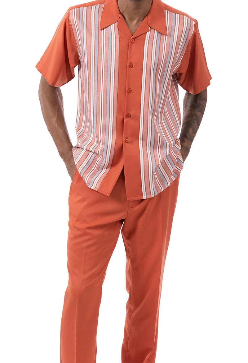 Papaya Tone On Tone Stripes Walking Suit 2 Piece Short Sleeve Set 1 Papaya Tone On Tone Stripes Walking Suit 2 Piece Short Sleeve Set