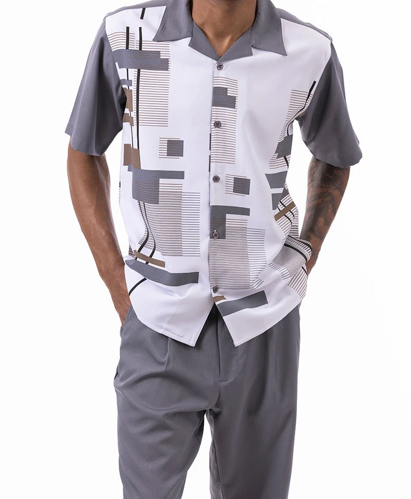 Gray Line Pattern Walking Suit 2 Piece Short Sleeve Set 1 Gray Line Pattern Walking Suit 2 Piece Short Sleeve Set