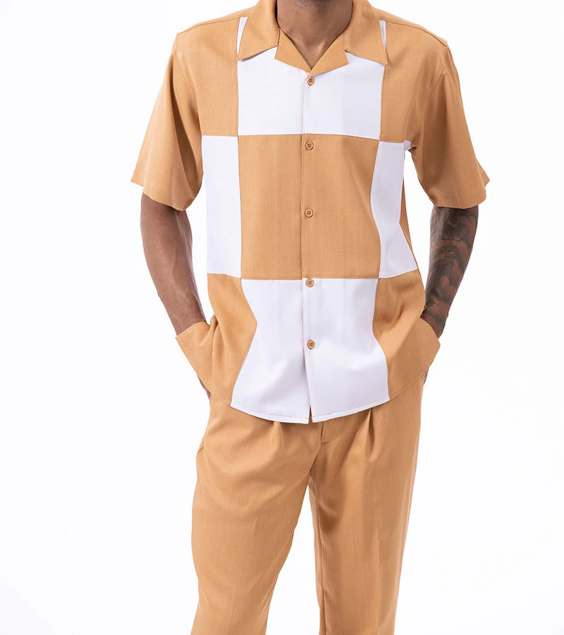Cognac Color Block Walking Suit 2 Piece Short Sleeve Set 1 Cognac Color Block Walking Suit 2 Piece Short Sleeve Set