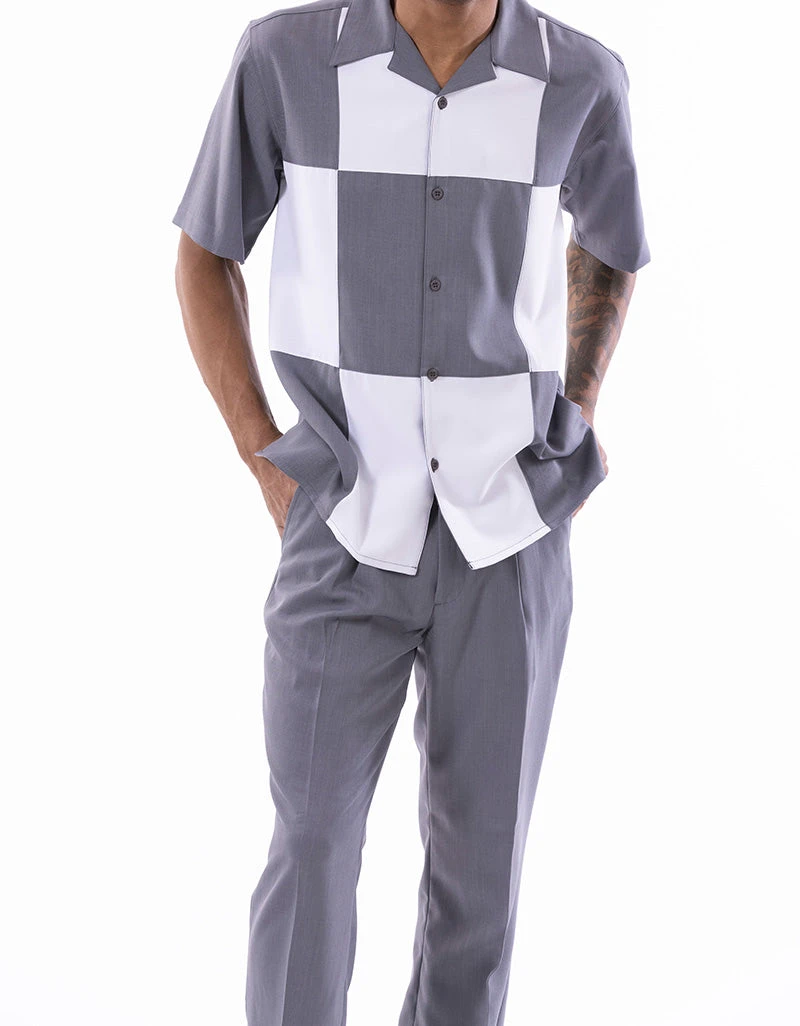 Gray Color Block Walking Suit 2 Piece Short Sleeve Set 2 Gray Color Block Walking Suit 2 Piece Short Sleeve Set - Image 2