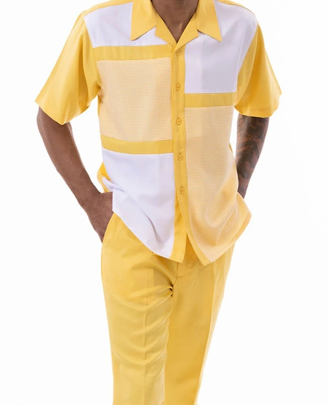Canary Yellow Color Block Walking Suit 2 Piece Short Sleeve Set 1 Canary Yellow Color Block Walking Suit 2 Piece Short Sleeve Set