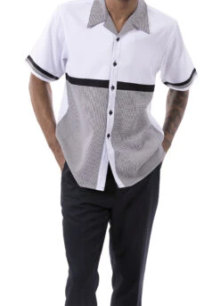 Black Houndstooth Horizontal Color Block Walking Suit 2 Piece Short Sleeve Set