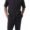 Black Tone On Tone Striped Walking Suit 2 Piece Short Sleeve Set