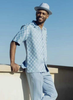 Carolina Blue Tone On Tone Check Walking Suit 2 Piece Short Sleeve Set