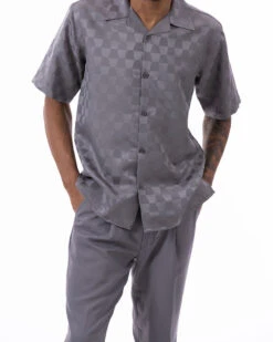 Gray Tone On Tone Check Walking Suit 2 Piece Short Sleeve Set