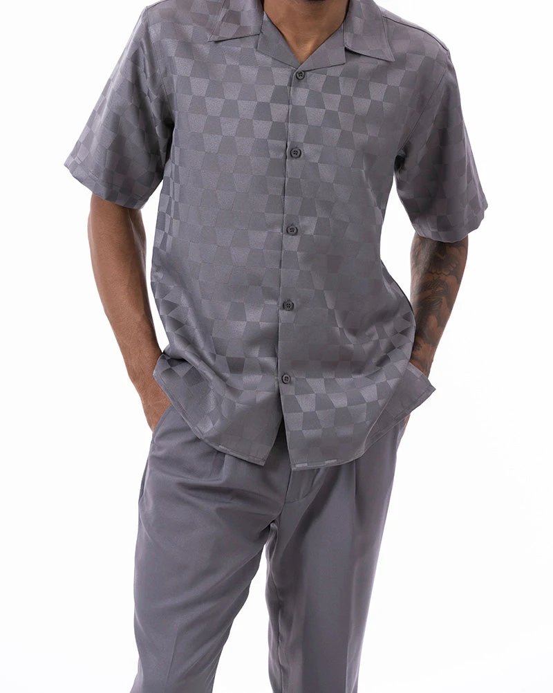Gray Tone On Tone Check Walking Suit 2 Piece Short Sleeve Set 1 Gray Tone On Tone Check Walking Suit 2 Piece Short Sleeve Set