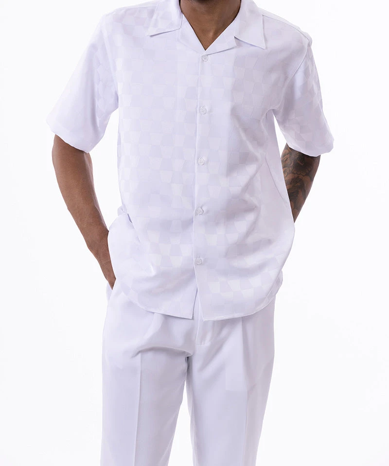 White Tone On Tone Check Walking Suit 2 Piece Short Sleeve Set 1 White Tone On Tone Check Walking Suit 2 Piece Short Sleeve Set