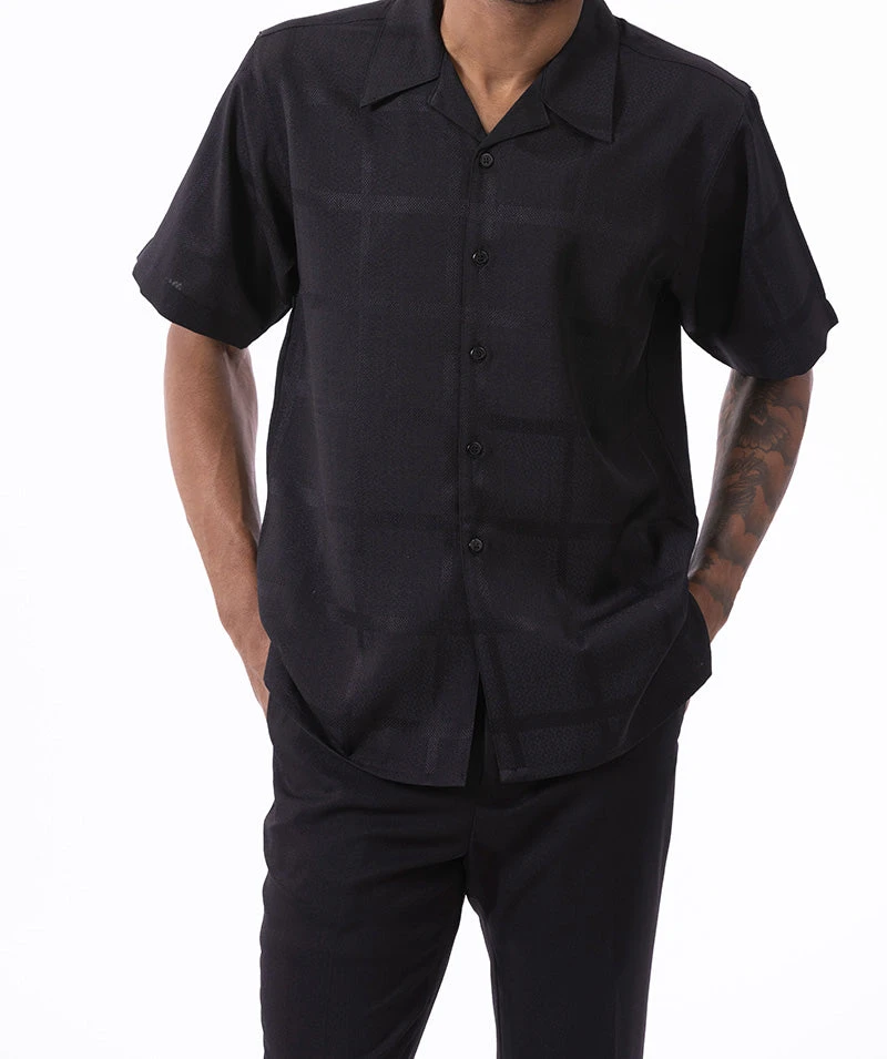 Black Tone On Tone Windowpane Walking Suit 2 Piece Short Sleeve Set 1 Black Tone On Tone Windowpane Walking Suit 2 Piece Short Sleeve Set