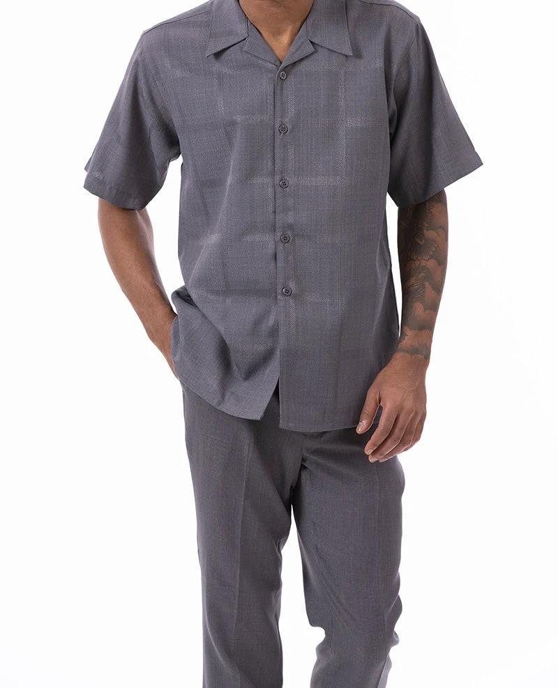 Gray Tone On Tone Windowpane Walking Suit 2 Piece Short Sleeve Set 1 Gray Tone On Tone Windowpane Walking Suit 2 Piece Short Sleeve Set