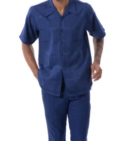 Navy Tone On Tone Windowpane Walking Suit 2 Piece Short Sleeve Set