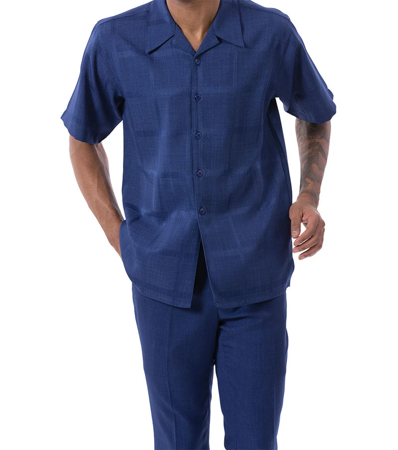 Navy Tone On Tone Windowpane Walking Suit 2 Piece Short Sleeve Set 1 Navy Tone On Tone Windowpane Walking Suit 2 Piece Short Sleeve Set