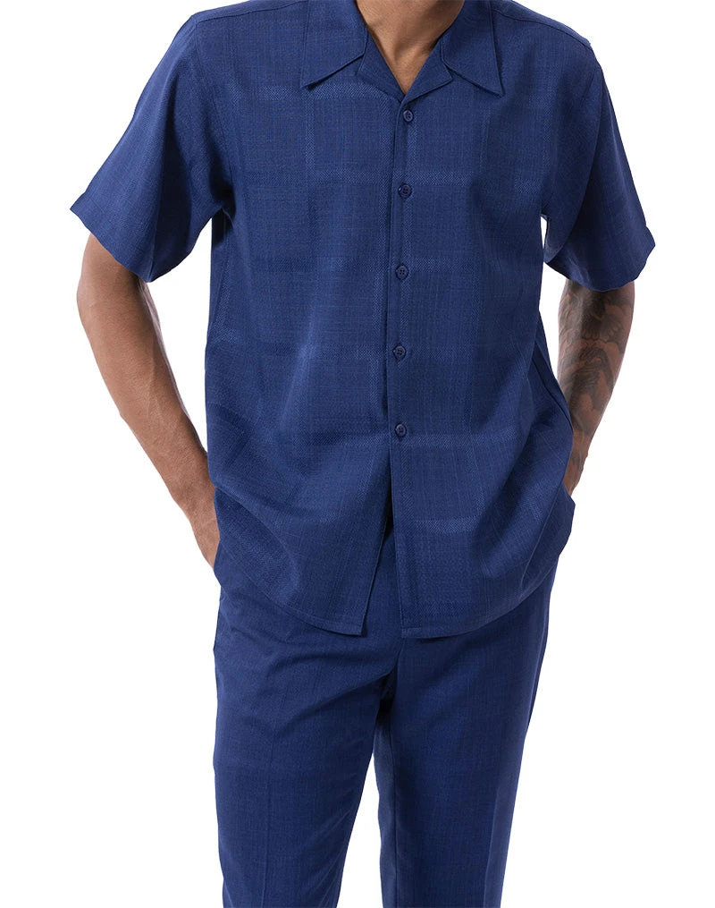 Navy Tone On Tone Windowpane Walking Suit 2 Piece Short Sleeve Set 2 Navy Tone On Tone Windowpane Walking Suit 2 Piece Short Sleeve Set - Image 2