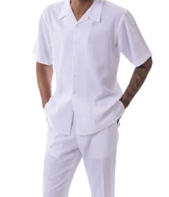 White Tone On Tone Windowpane Walking Suit 2 Piece Short Sleeve Set