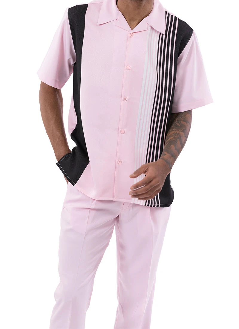 Pink Vertical Stripe Design Walking Suit 2 Piece Short Sleeve Set 2 Pink Vertical Stripe Design Walking Suit 2 Piece Short Sleeve Set - Image 2