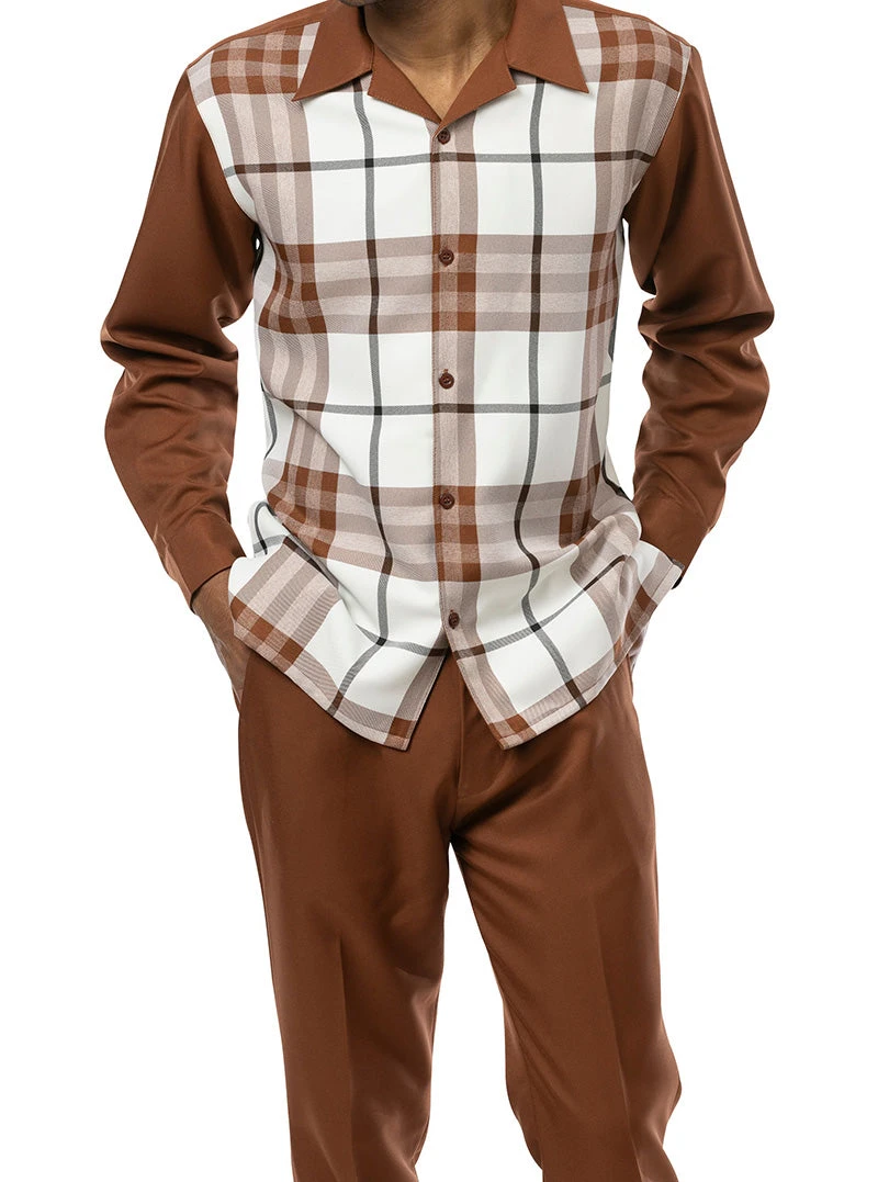 Cognac Plaid 2 Piece Long Sleeve Walking Suit Set 1 Cognac Plaid 2 Piece Long Sleeve Walking Suit Set