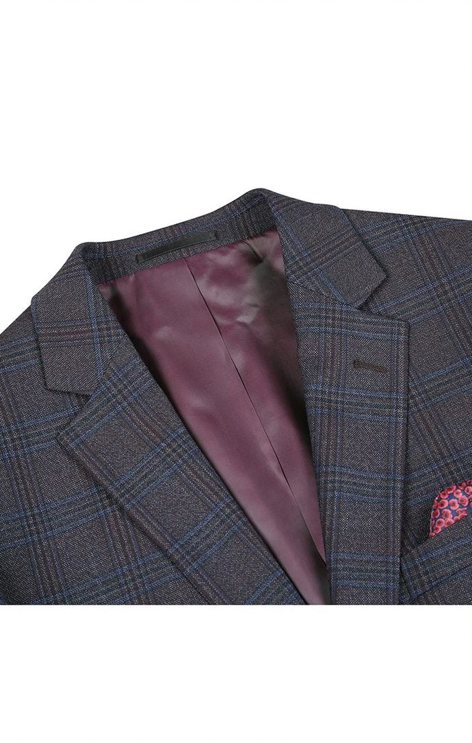 Wool Blend Plaid Pattern Regular Fit 2 Button Blazer In Burgundy 2 Wool Blend Plaid Pattern Regular Fit 2 Button Blazer In Burgundy - Image 2